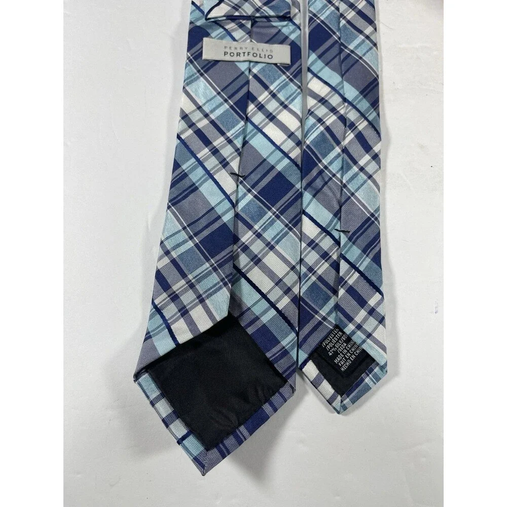 Perry Ellis Portfolio Men's Necktie Blue Plaid Check Silk Blend 58